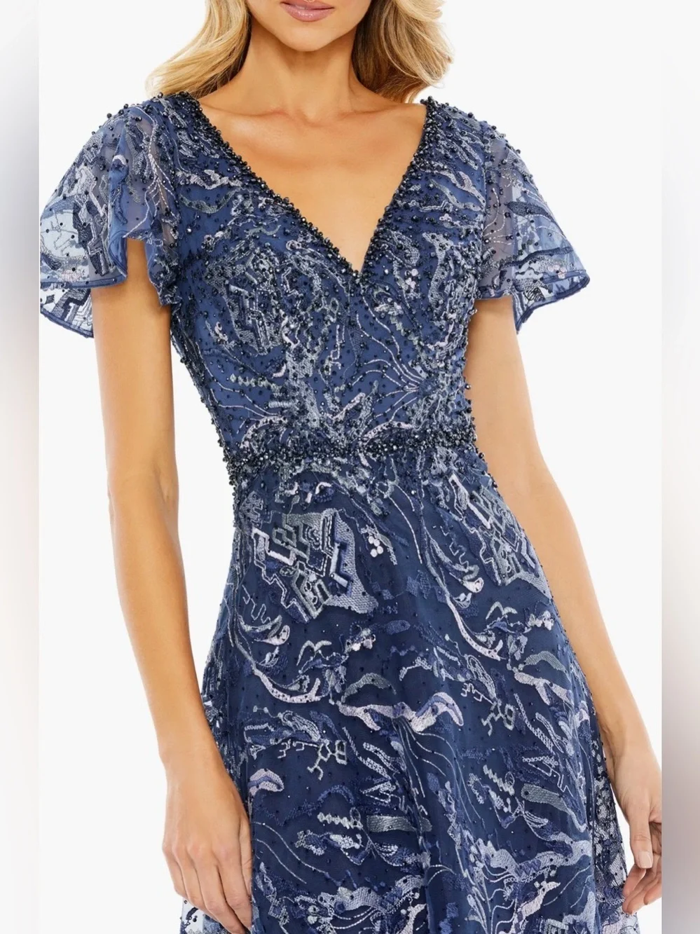 New Mac Duggal 20301 Navy Embellished Illusion Butterfly Sleeve A-Line Gown 18
